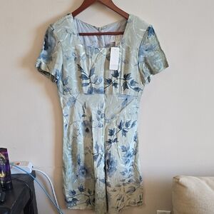 Petite Sophisticate Blue and Cream Floral Midi Dress